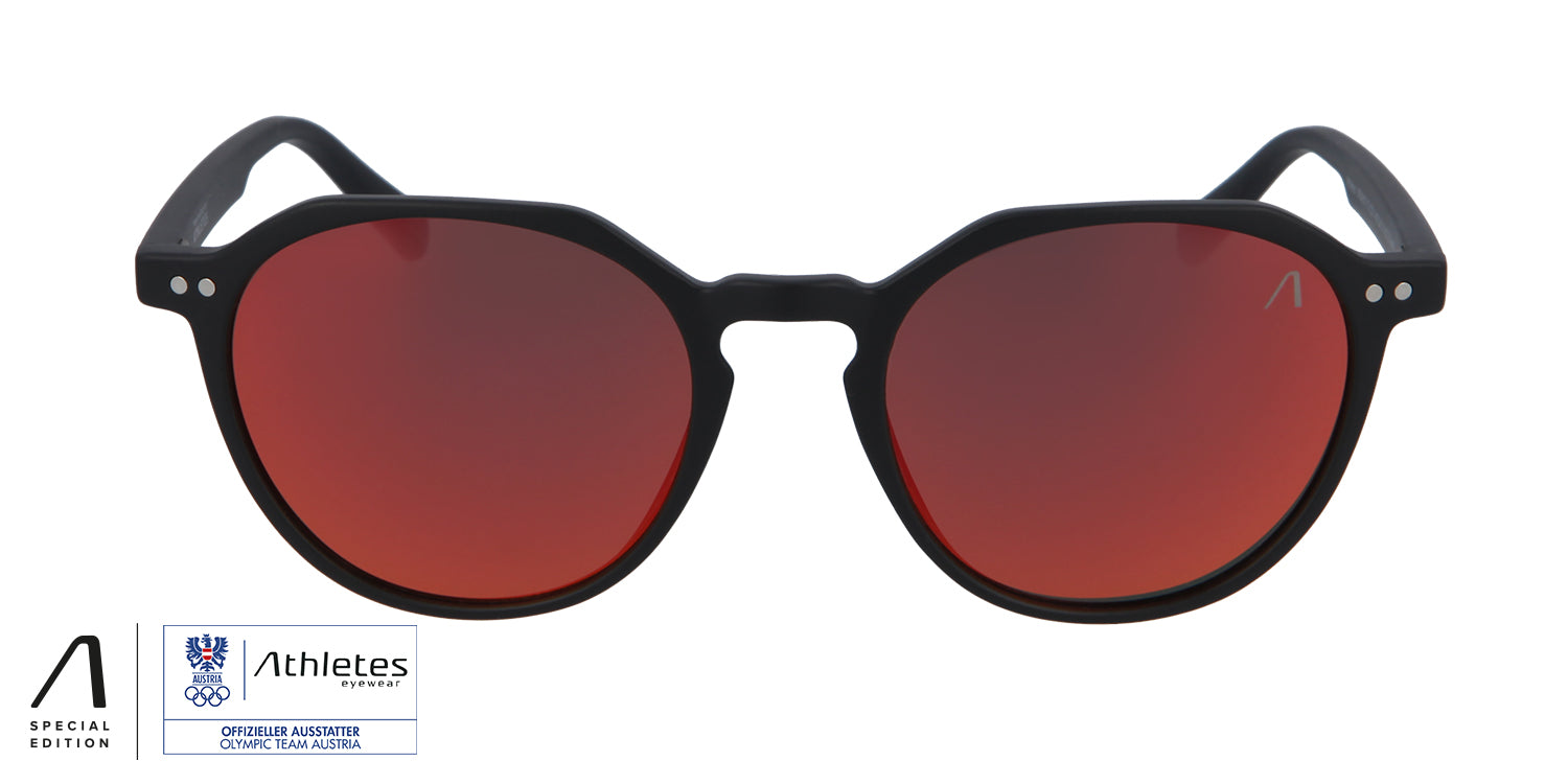 Black sunglasses with red lenses, front view, Special Edition of the Olympic Team Austria