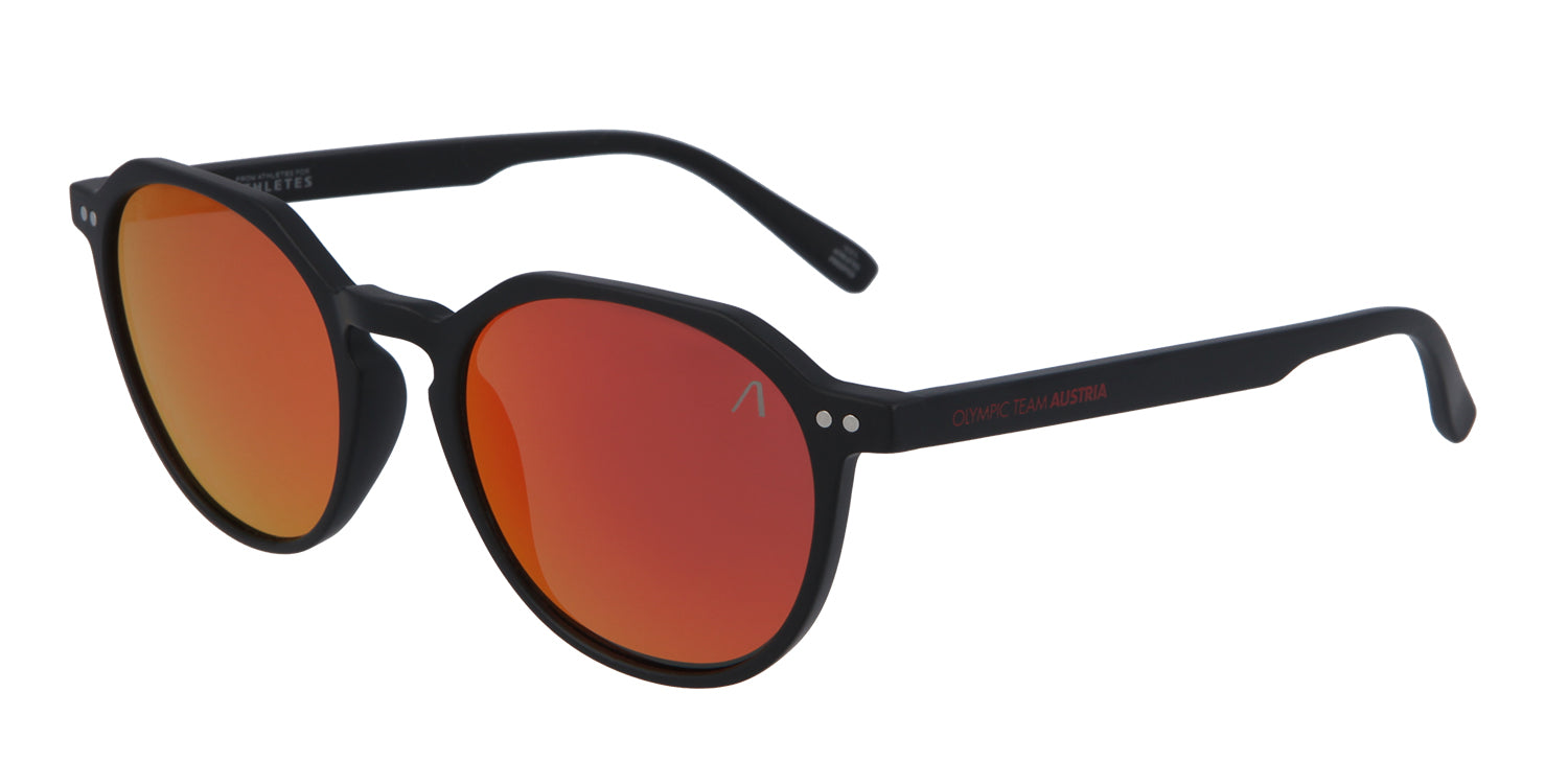 Black Olympic Edition sunglasses with red-orange lenses, front and side view